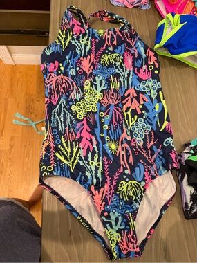 Lands' End Kids One-Piece Swimsuit in Navy with Neon Coral, Yellow & Aqua